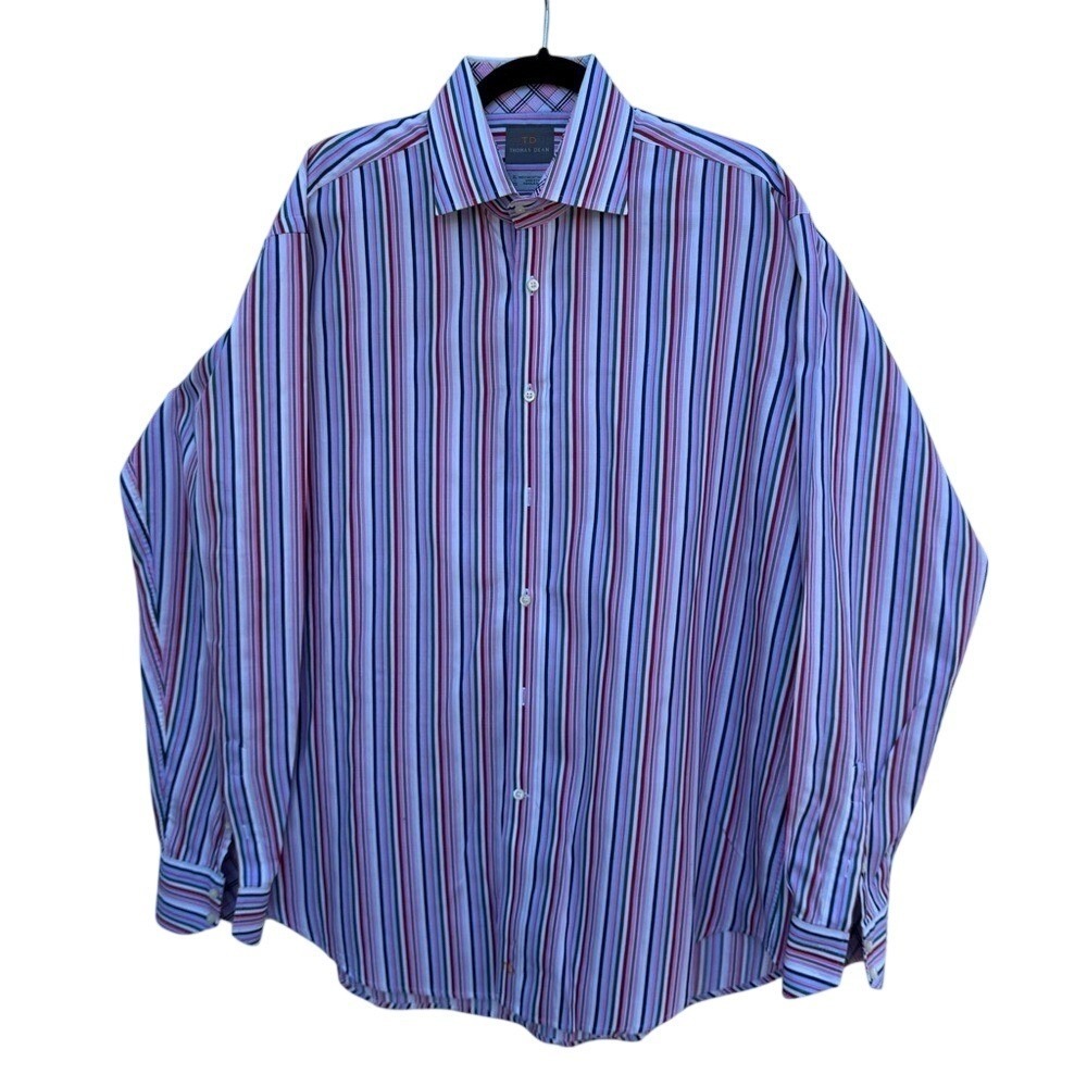 Thomas Dean XL 17.5 Multicolor Striped Dress Shirt Mens‎ Button Front Cotton